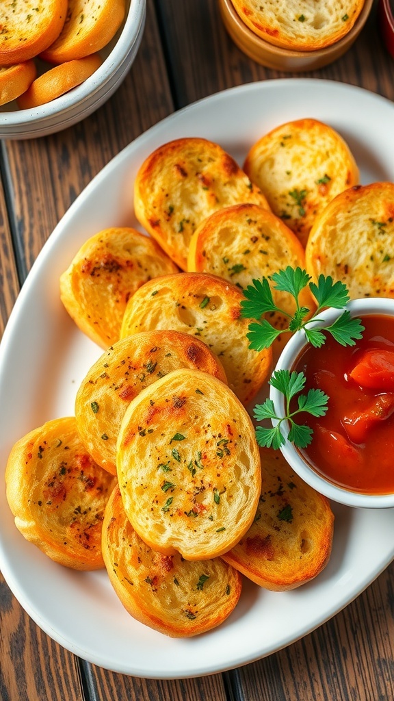 Crispy garlic bread slices on a plate with marinara sauce, garnished with parsley.